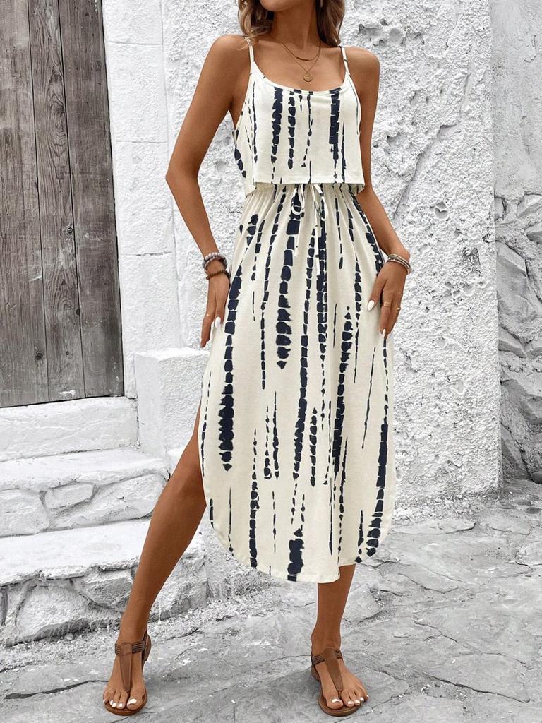 Strappy Printed Dress - Elegant Ink Silk Gauze for Commute and Casual Wear
