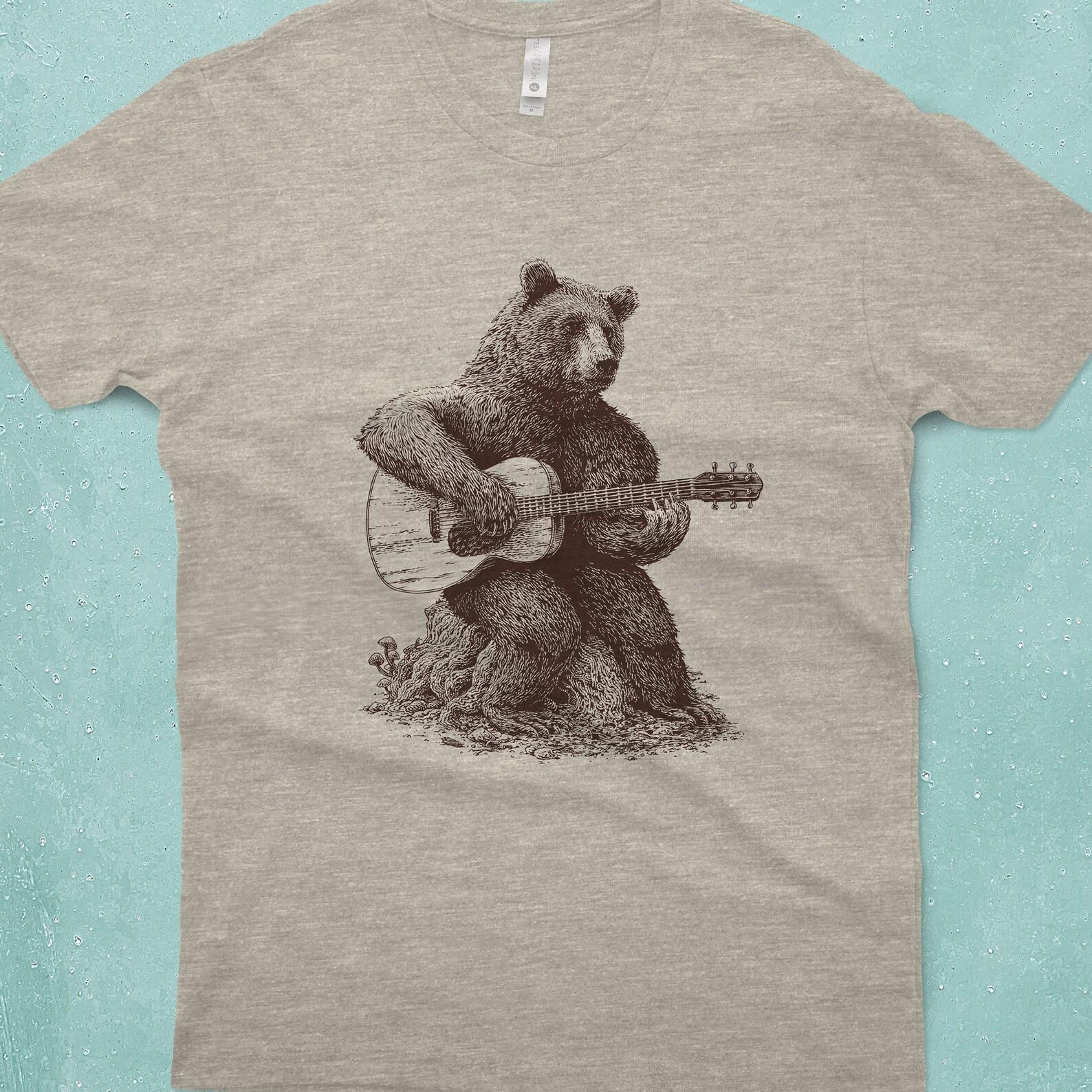 Bear Playing Guitar T-Shirt – Hand Screen Printed Musician Graphic Tee M