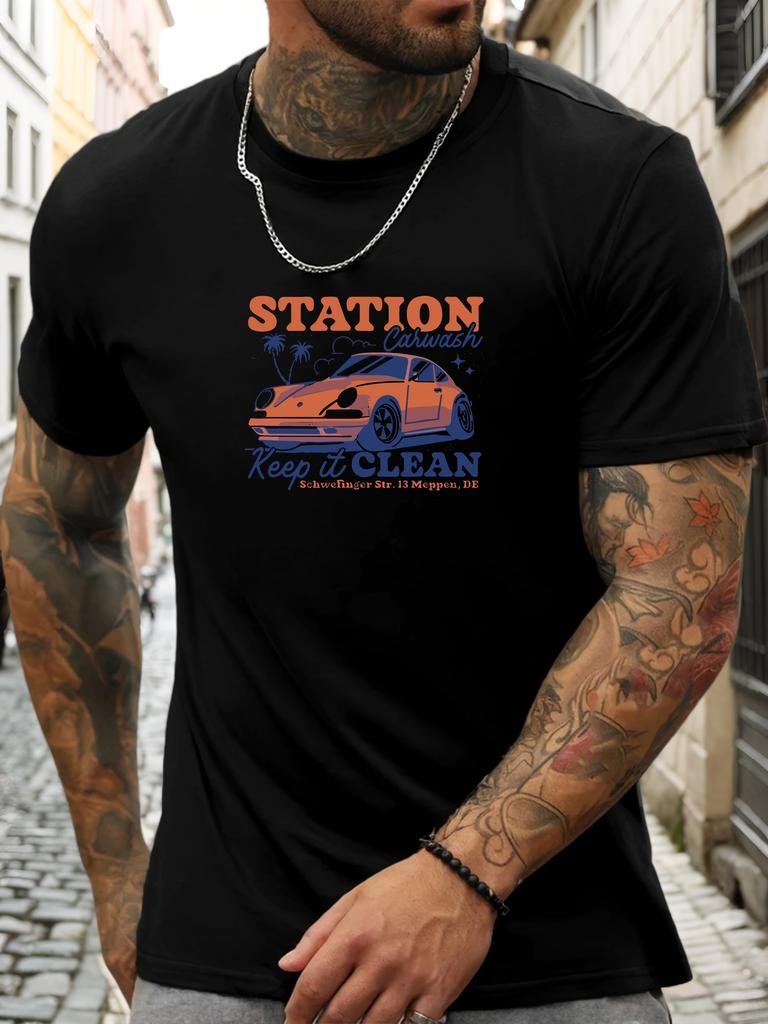 Short Sleeve TShirt Mens 100 Cotton Summer Round Neck White Carwash Station Graphic Print Casual Trendy Tee