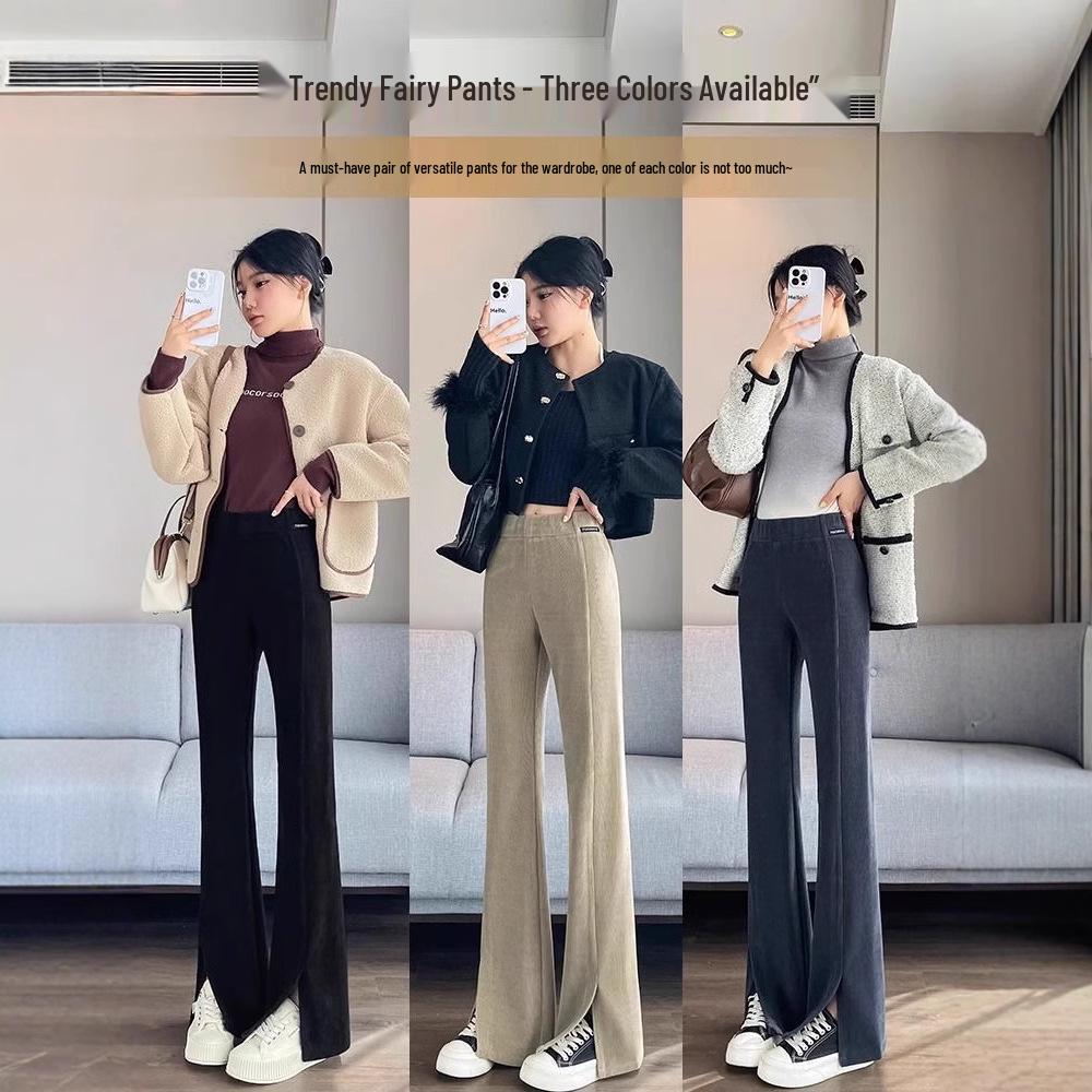 Women's Fleece-Lined Chenille Corduroy Flare Pants with Slits, Autumn/Winter 2024 Style