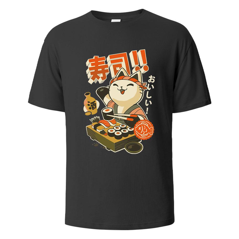 Sushi Cat Print t shirts 100% Cotton Summer Tees For Men Women Oversize Casual Tops t shirts