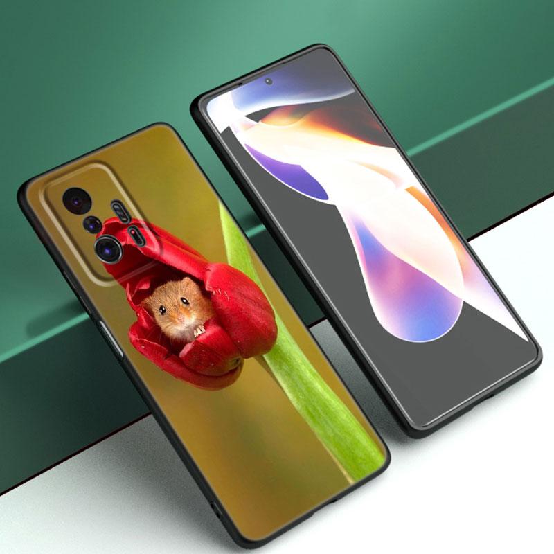 Animal Mouse Hamster Flower Phone Case For Xiaomi Mi A2 8 9 SE Note 10 10T 11 12 Lite 9T 11T 12S 12T Pro A3 6X 12X Black Cover