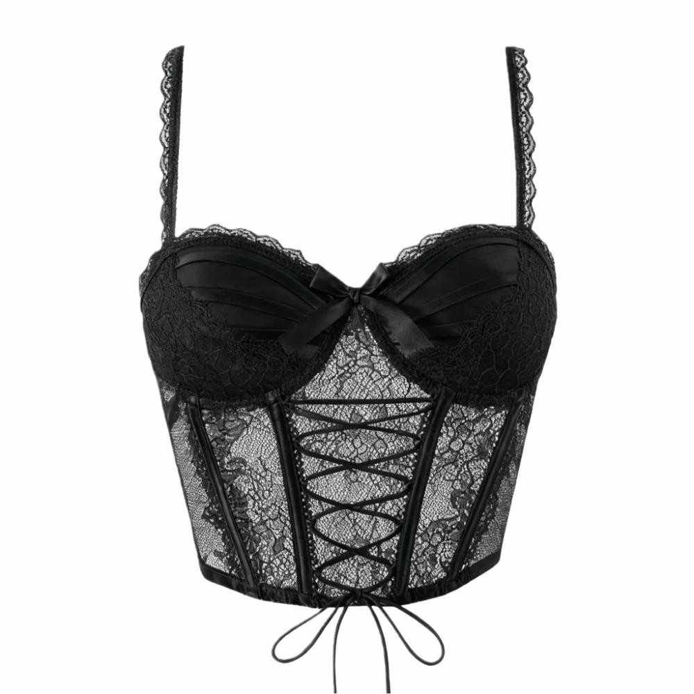 Ruffle Lace Corset Bowknot Slim Crop Tops Sweet Lace Flower Camisole Spicy Girls