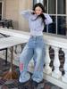 RUMM Jeans Women's American High Street Heavy Industry Patch Splicing Pants Vintage Washed Wide Leg Drop Casual Pants