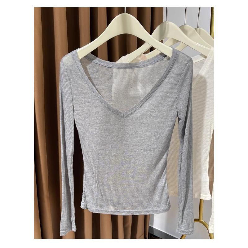 Large V-neck Thin Knitted T-shirt for Women Summer New Style See-through Threaded Style Bottoming Shirt Top