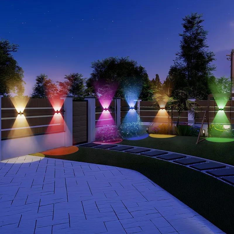 Multi Color Solar Fence Lights Outdoor Waterproof IP67 Upper and lower double header Down Lighting for Backyard
