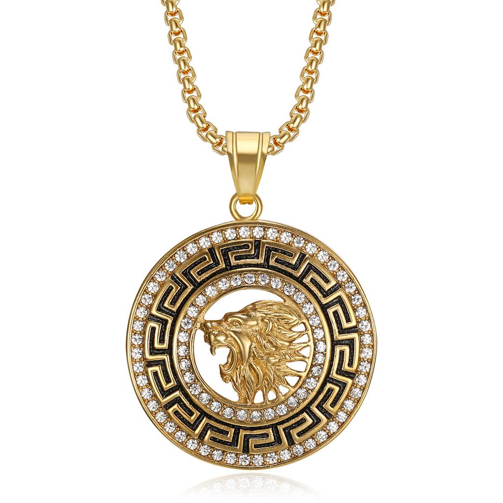New Hip-Hop HIPHOP Lion Jewelry Stainless Steel Gold-Plated Full Diamond Lion Pendant Necklace