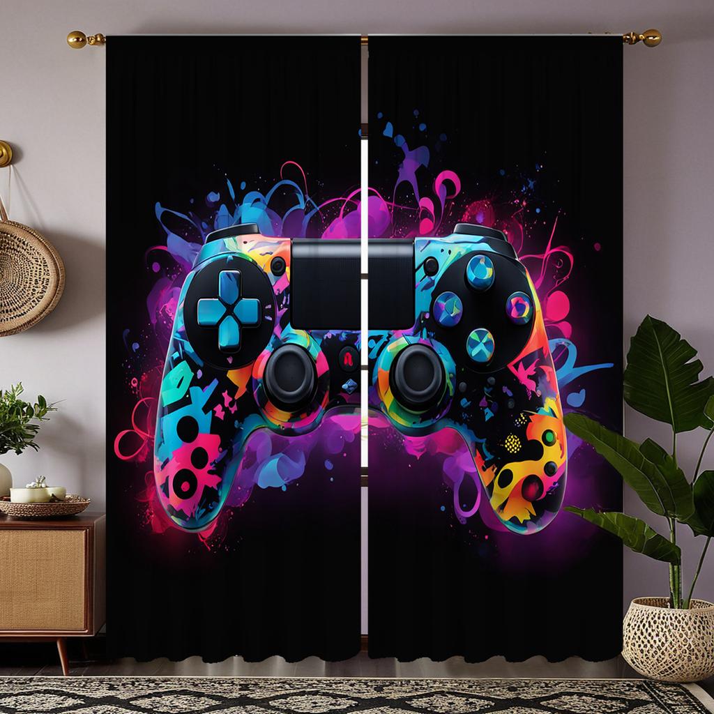 2 Pieces HD Digital Black Colorful Gamer Curtains Home Decorating Style Decorating Living Room Bedroom Rodding Curtains Effect S