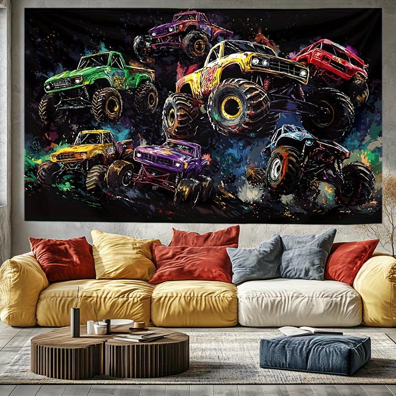 1 Stück Bunte Monster Trucks Offroad Racing Action Wandteppich Kinderzimmer Dekoration Automobil Sport Wandkunst Hintergrund Druck