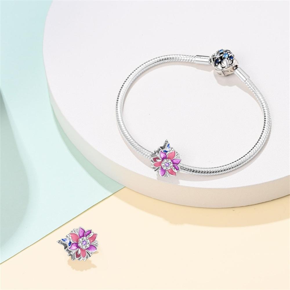 Authentic copper Charm Bead Charms Luxury Purple Pink Luminous Flower Bead Charms Bead Charms Compatible With Bracelets Diy Women Making Delicate Gift