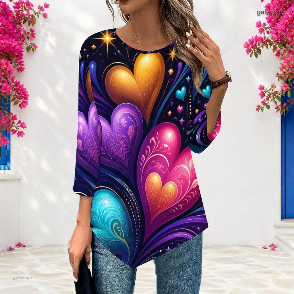 Womens Plus Size Loose Three Quarter Sleeve Blouse Pointed Hem Stylish Casual Top For Ladies Daily Outfit