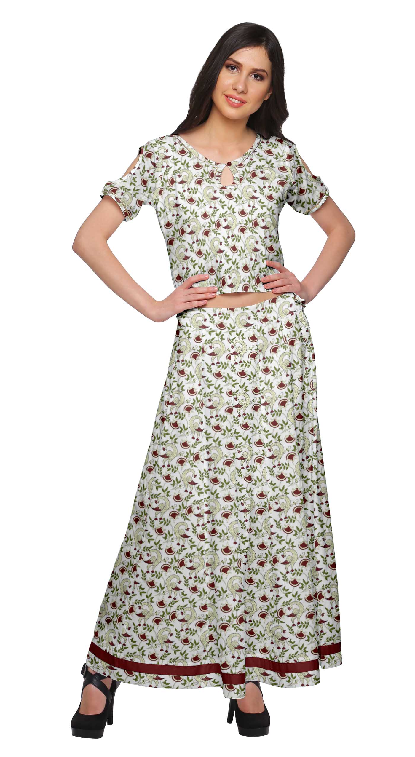 

Moomaya Crop Top Maxi Skirt Set Piece Outfit Dress Short Sleeve Ethnic XS білий