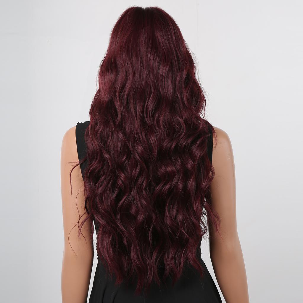 GEMMA Synthetic Dark Wine Red Long Wavy Hair Wig with Bangs Burgundy Cosplay Party Wigs for Women Natural Heat Resistant Fibre