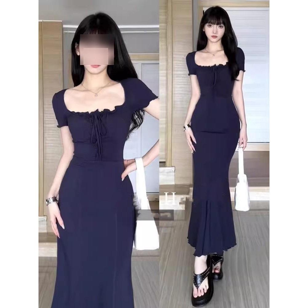 2025 new women's square neck dress women's summer slim-fitting waist little mother wind hip fish tail dress