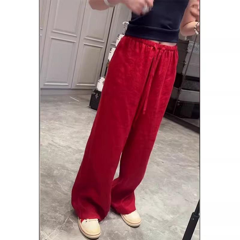 Rose Red Linen High-Waisted Wide-Leg Pants for Women - 2025 Summer Collection