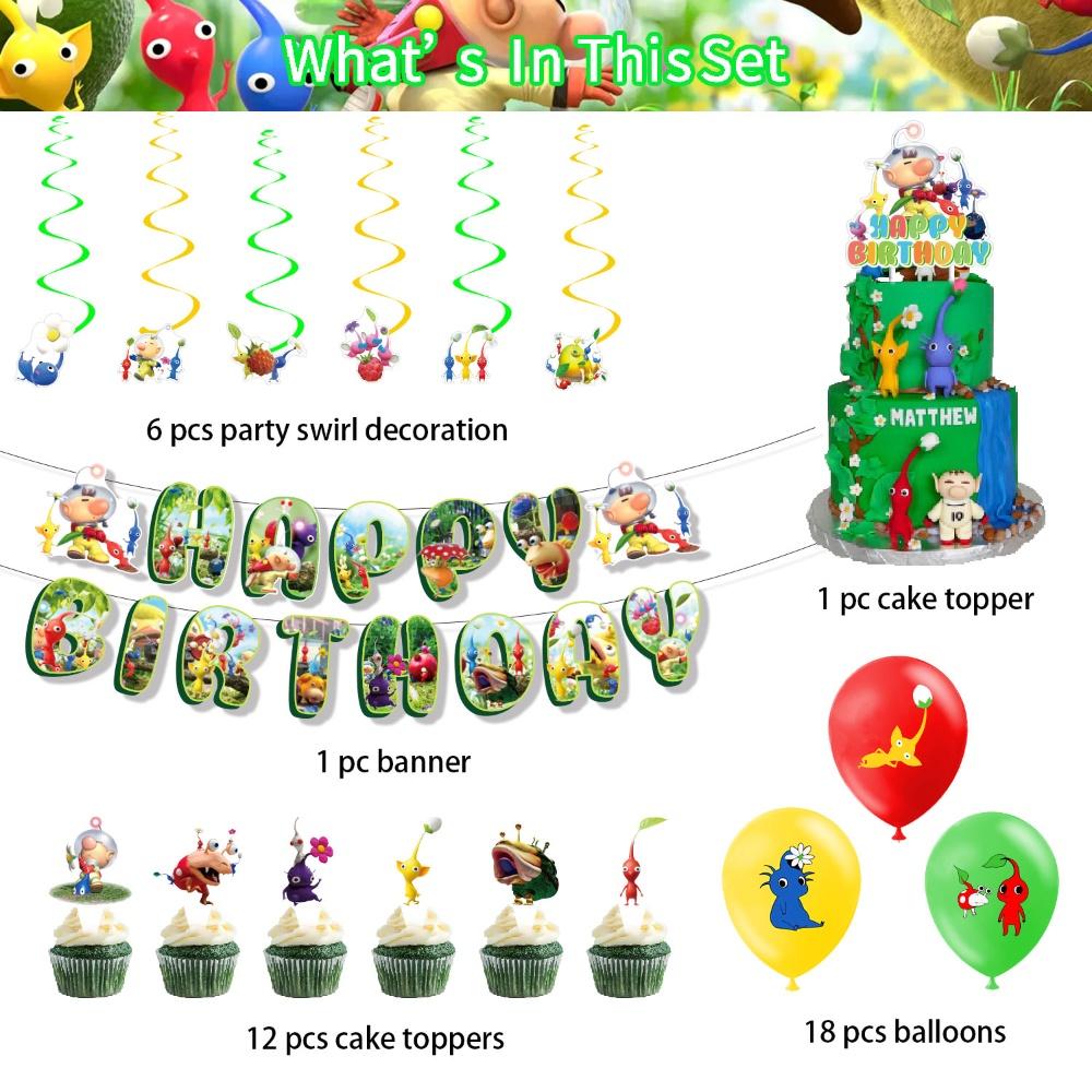 Sada Narozeninových Dekorací Pikmin-4 Vlaječky Balónky Zápichy a Závěsné Dekorace