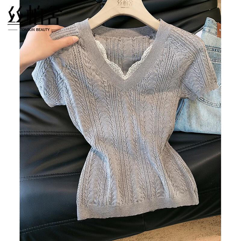 Women s Slim Fit Lace-Trim Faux Two-Piece Knit Top One Size
