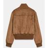Womens Stand Collar French Style Bomber Jacket In Light Brown Ribbed Cuffs Short Length Regular Fit