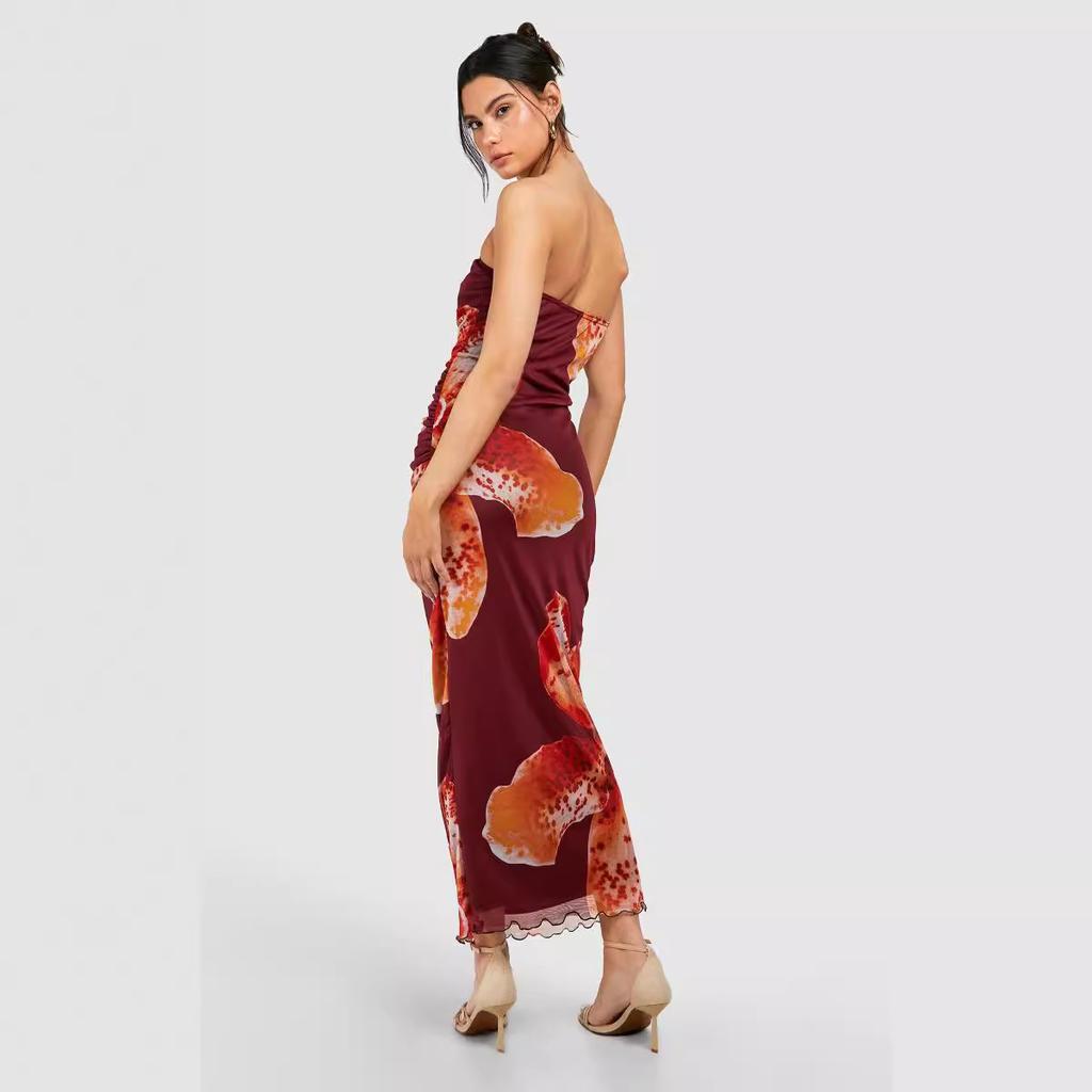 Damska Obcisła Bez Ramiączek Seksowna Sukienka Bez Rękawów Siateczkowa Plisowana Z Nadrukiem