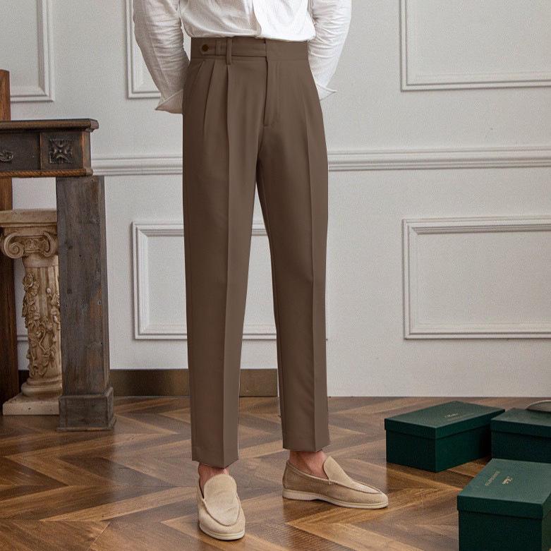 Men's Khaki Business Casual High-Waist Straight-Leg Trousers