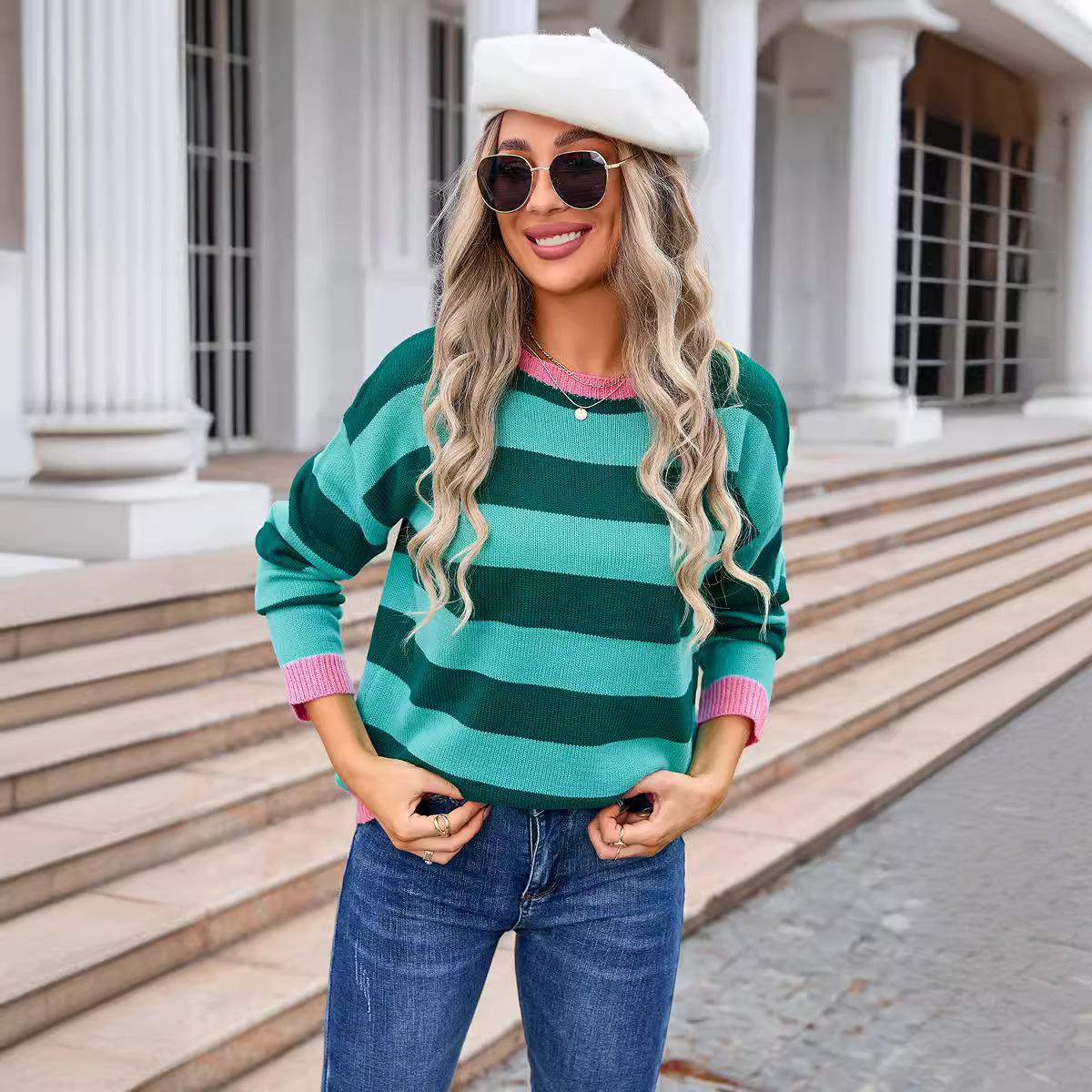 

Осенне-зимний женский свитер с цветочным принтом, длинным рукавом и круглым вырезом, вязаный свитер XL синий