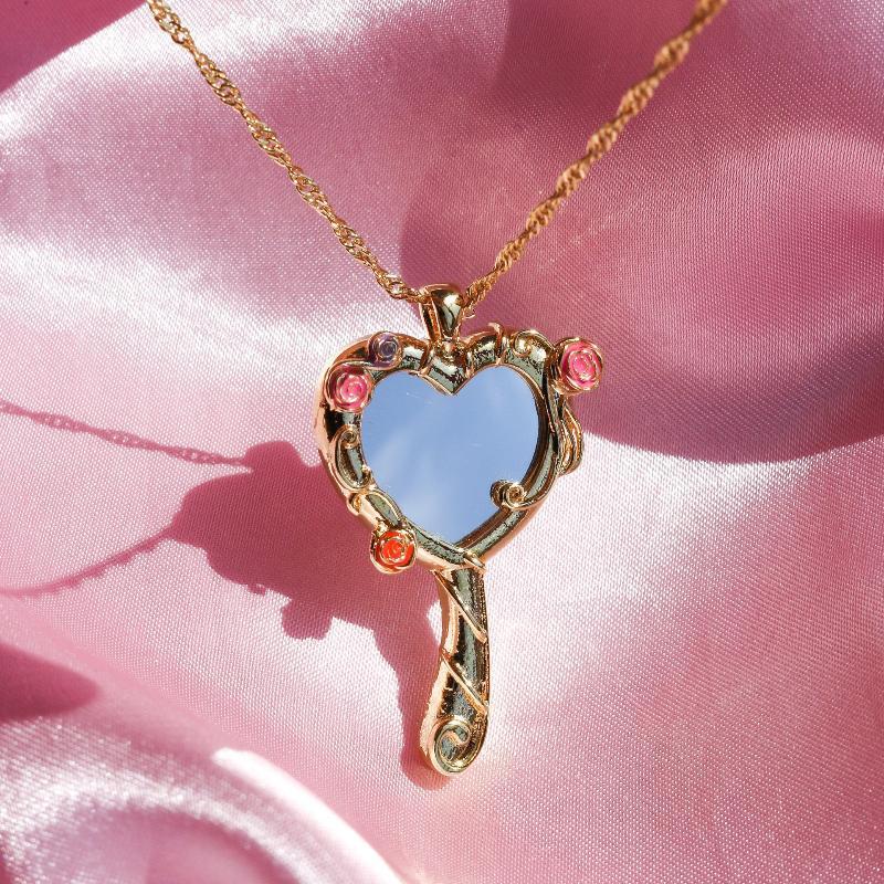 Vintage Style Heart Mirrored Pendant Necklace Tarnish Resistant Clavicle Chain for Women Festival Concert Wear