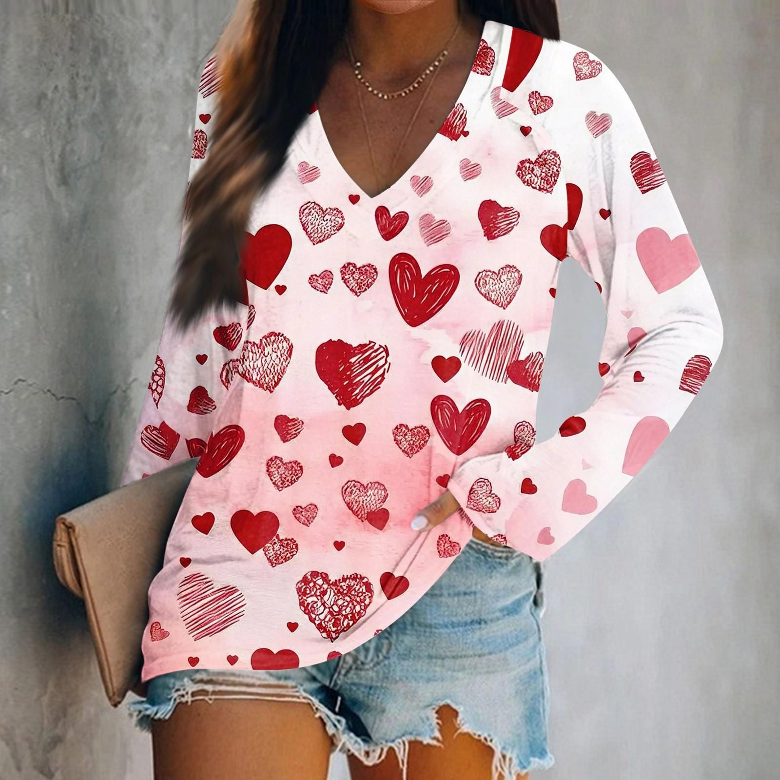 

Женская футболка с длинными рукавами и V-образным вырезом с принтом ко Дню святого Валентина. Повседневный и удобный топ XL арбуз красный