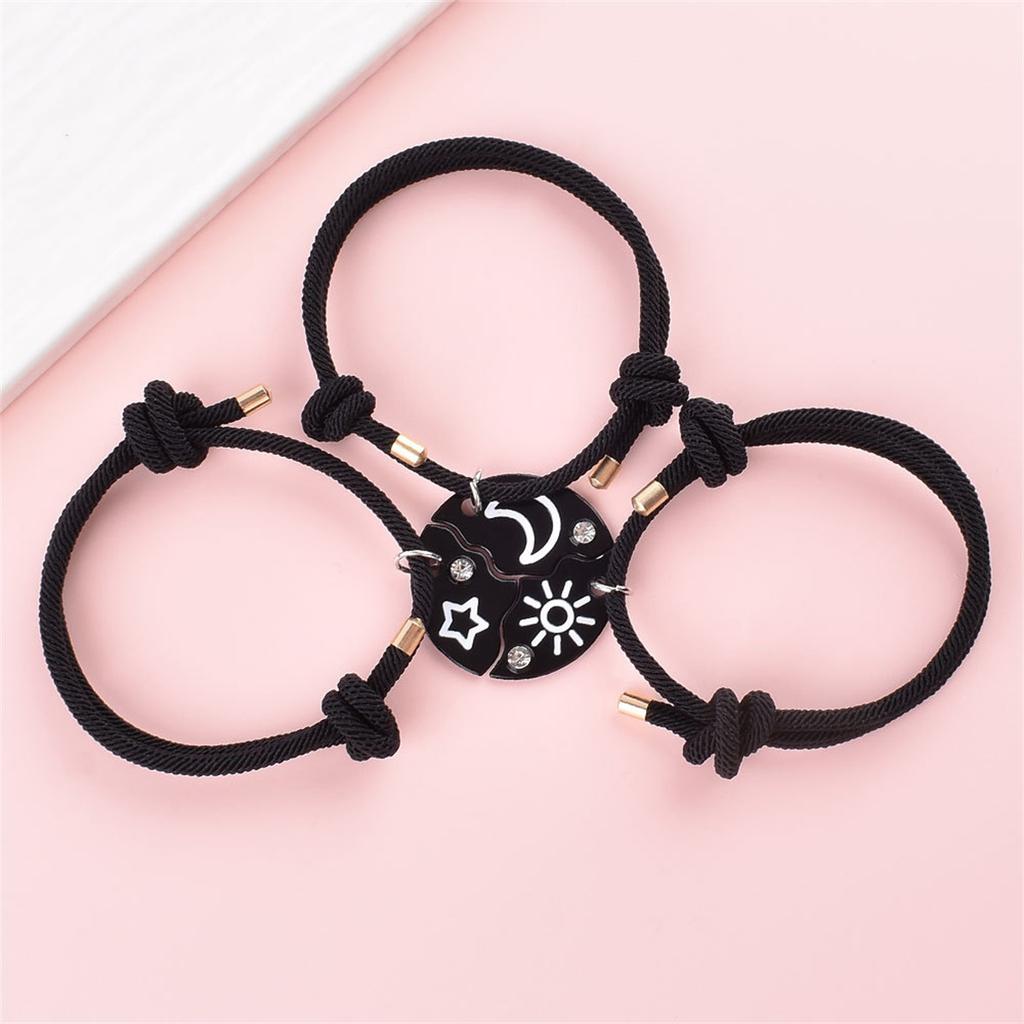 3Pcs Black Sun Moon Star Splicing Bracelet Charm Simple Hand Rope Men and Women Birthday Friends Jewelry Accessories Trendy Gift