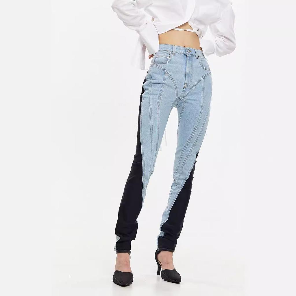 Damskie Elastyczne Super Slim Jeansy - Wiosna/Jesień 2023, Kontrastowe Szwy, Jasny Kolor Prany, Styl Uliczny