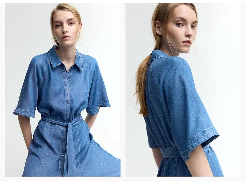 Spring 2025 Retro Lapel Slim-Fit Denim Dress with Belt - European & American Style Women's Short-Sleeve