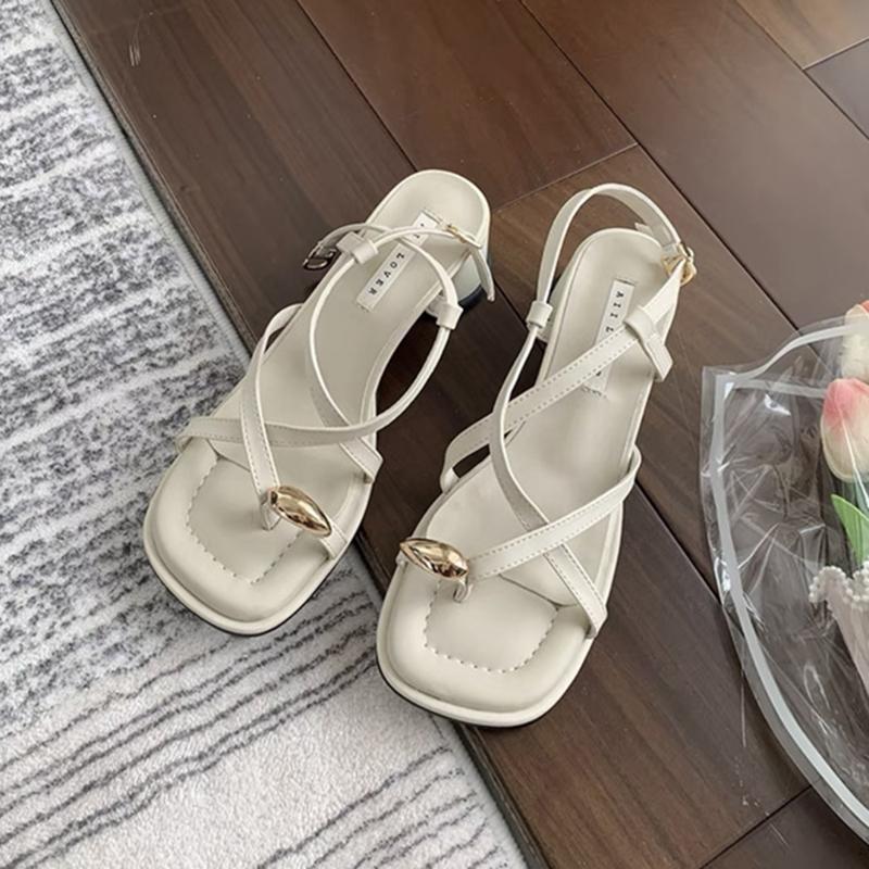 Fashion Sandals Designer New 2025 Dress Women Metal Decoration Ladies Narrow Band Buckle Thick Heels Female Shoes Outside Party Clip Toe