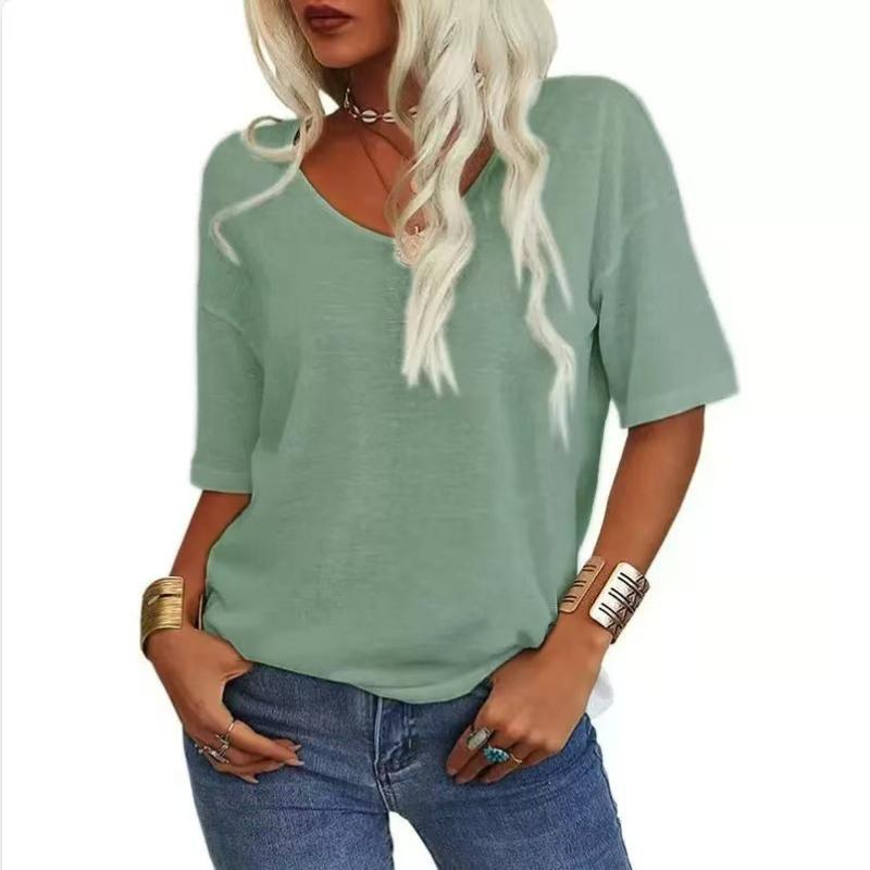 Camiseta feminina gola V casual verão manga curta top solto cor sólida camiseta