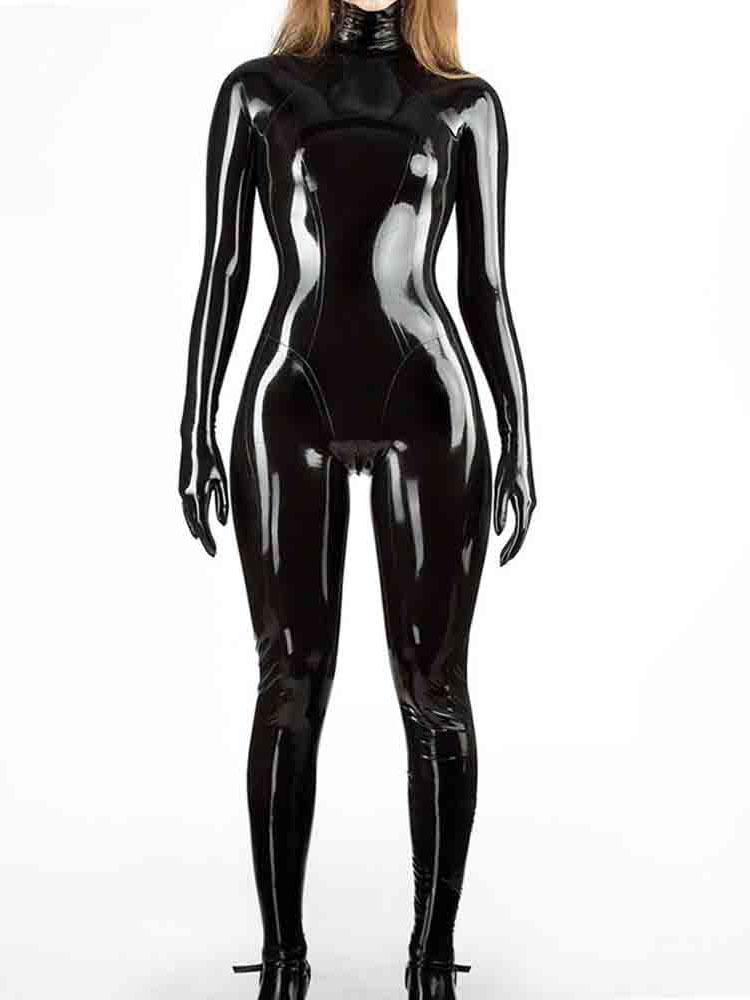 Mode Ganzkörper-Jumpsuit Damen Latex Ammoniak Sexy PU Glänzend Bodysuit Hoher Kragen Former Shapewear Nachtclub Auftritt Tanz Strumpfhose