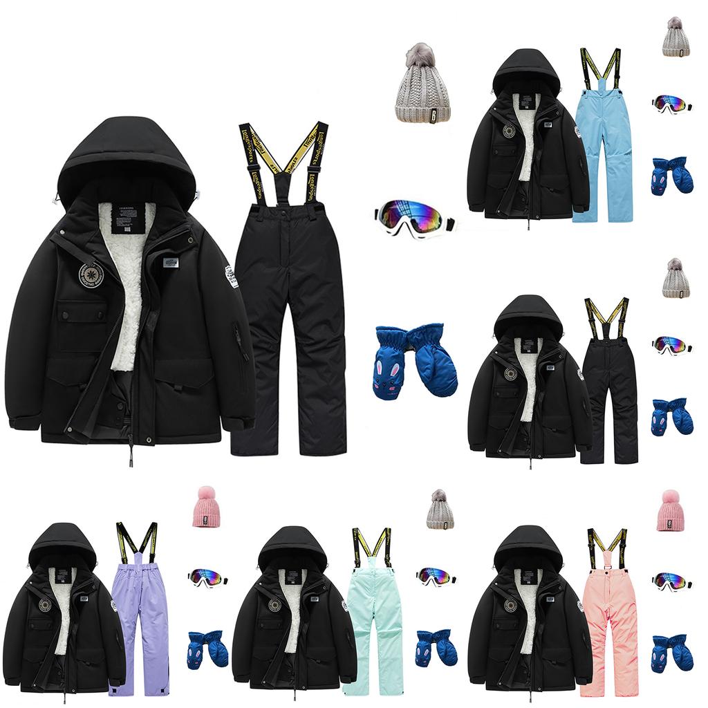 Dětská módní lyžařská souprava pro chlapce a dívky, zateplená, voděodolná, termo lyžařská souprava, pětidílný komplet s bundou a kalhotami