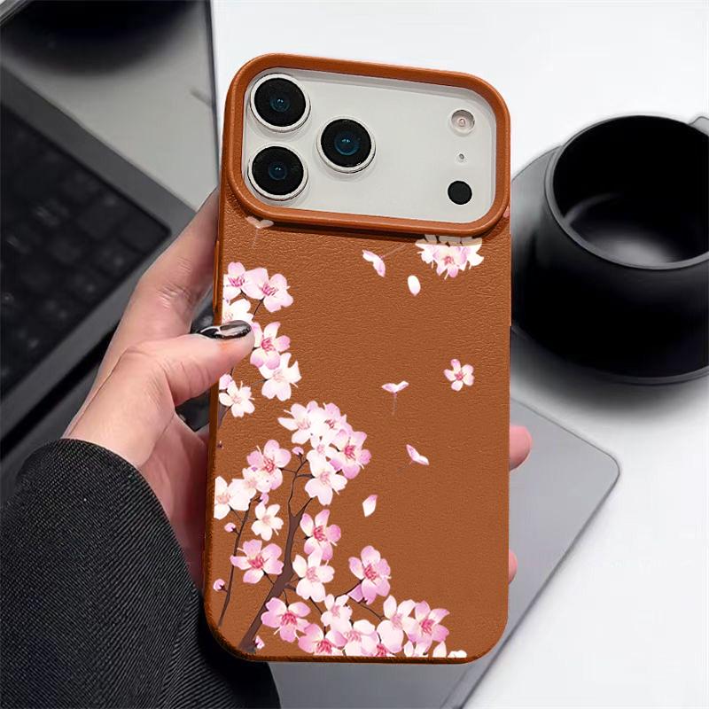 Pink Peach Blossoms Floral Pattern Case For iPhone 17 Pro Max Funda iPhone 16 Pro Max 15 14 13 12 11 Air 16E Leather Texture Silicone Cover