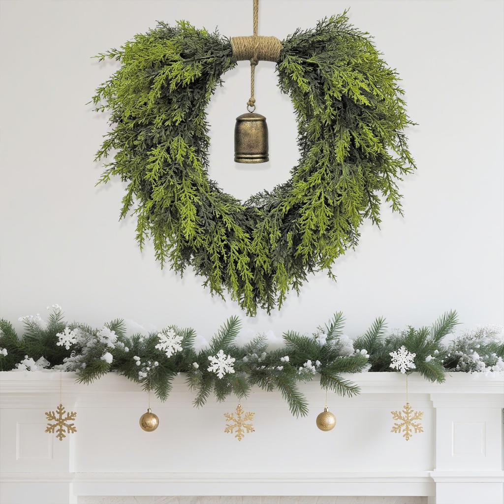 50cm Cedar Heart Shaped Bell Wreath Front Door Hanging Wreath Decor Versatile for Home Party Use