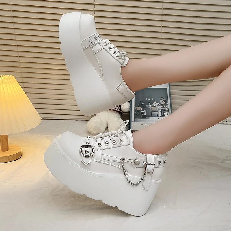 Fashion Retro Rock Shoes Boots For Women New Dark Punk Leather Shoes Metal Niche Low Top Platform Shoes For Women 8.5CM Thick soled