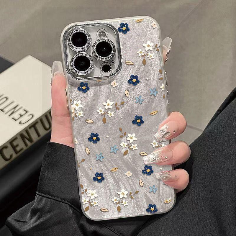 

Retro Falling Leaves Blue Floral Gauze Phone Case with Rhinestone Lens for Apple 17 Pro Max/14/15/16 Pro iPhone 14