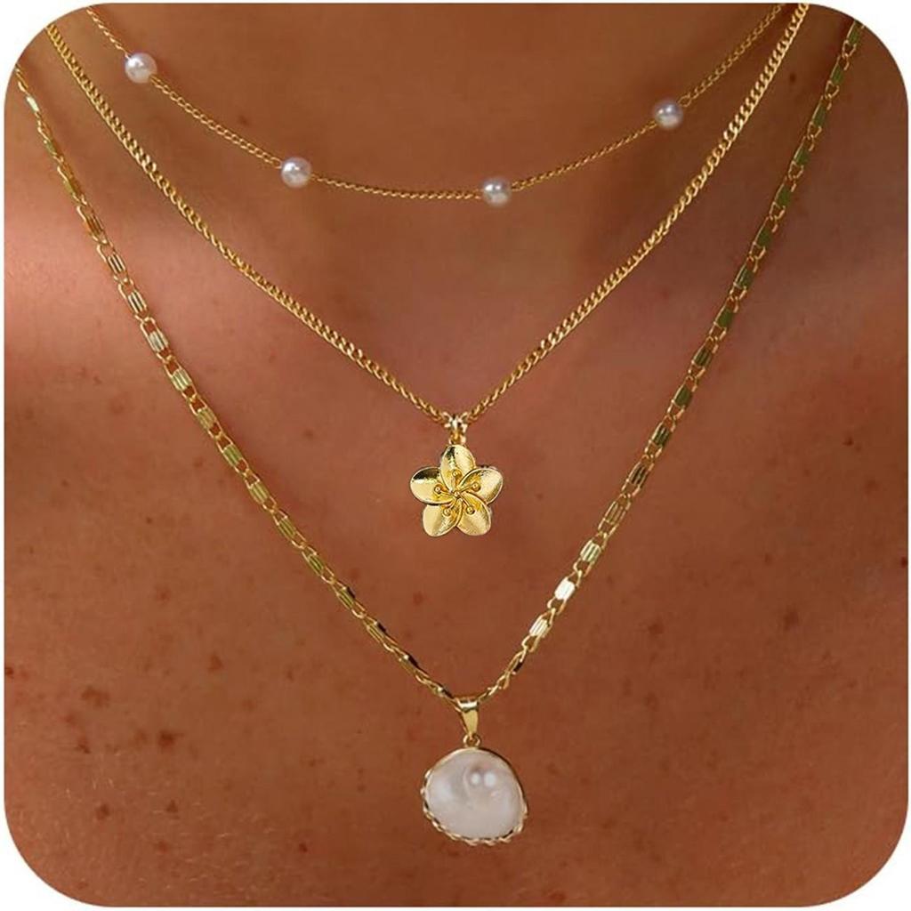 European Ocean Style Faux Pearl Clavicle Chain, Multi-layer Stackable Necklace with Starfish & Shell Pendants