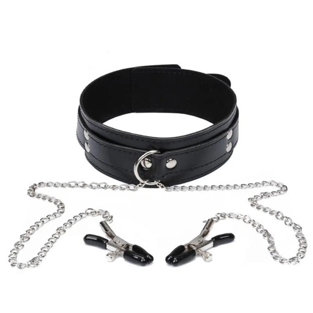 Leather Choker Collar with Nipples Breast Clamp Clip Chain Slave BDSM Sex Toys for Woman Couple Sex Tools Couples Adult Games