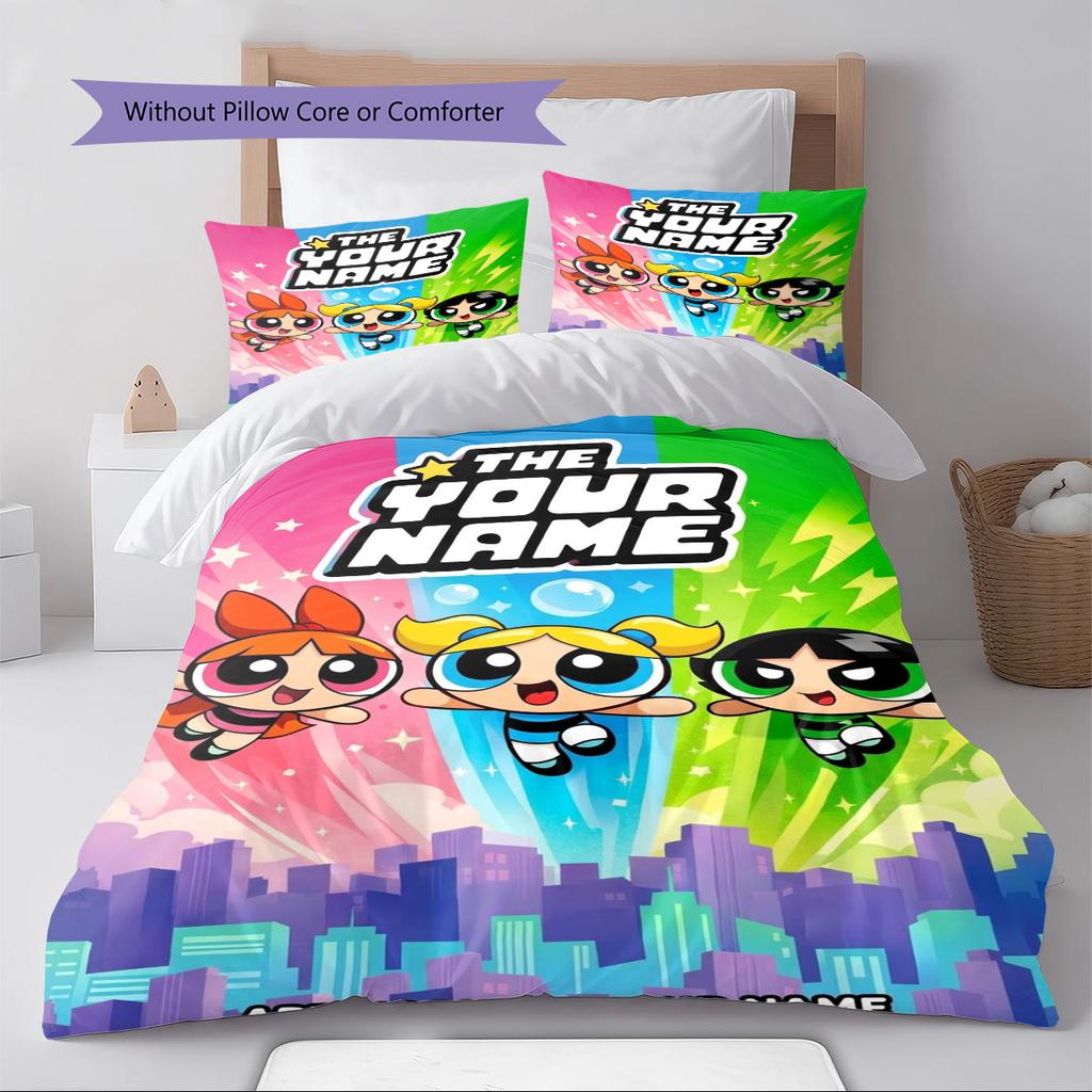 Name Custom Cartoon Powerpuff Pattern Bedding Set Quilt Cover Pillowcase Home Decor Gift (1 * Duvet Cover + 2 * Pillowcase, Without Core)
