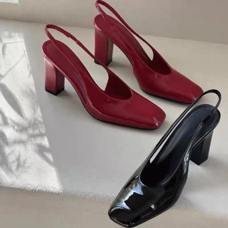 2025 Shallow Slip on Sandalias De Mujer Square Toes High Heels Back Strap Woman Pumps Metal Decoration Zapatos Mujer