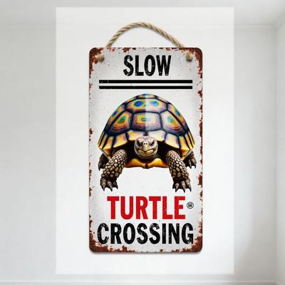 Vintage Rustic 'SLOW TURTLE CROSSING' Metal Tin Sign with Turtle Illustration - Warning Sign for Home Garden Outdoor Decor, Retr