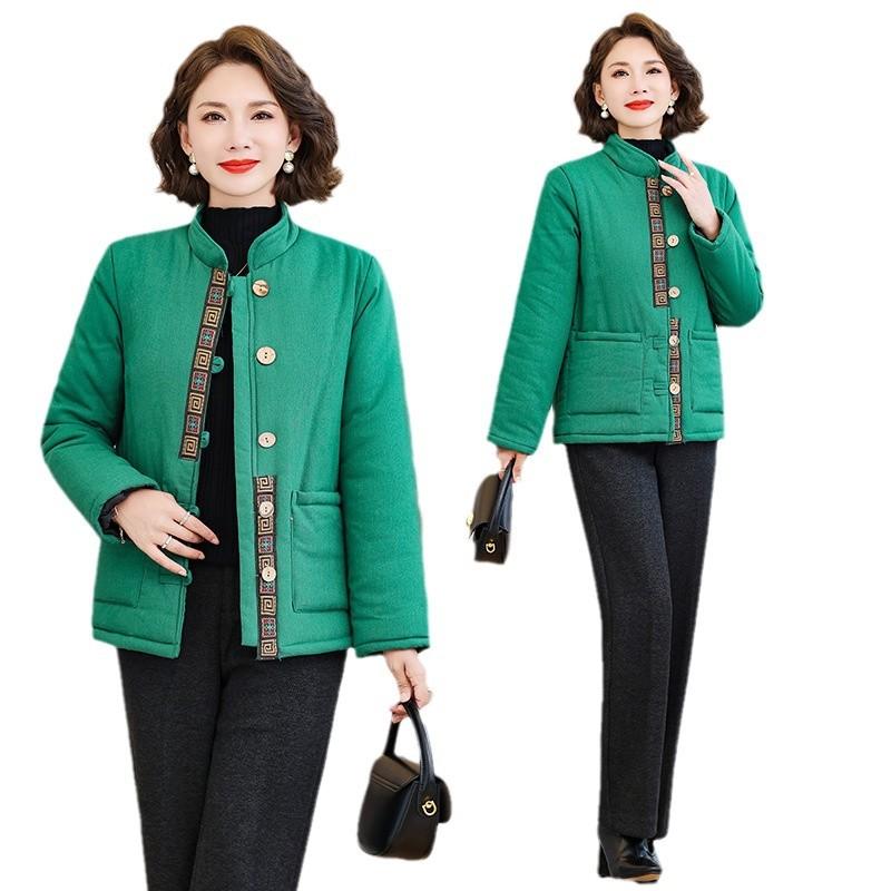 2025 Fall/Winter Fleece Thickened Cotton Top Warm Stand Collar Long Sleeve Padded Jacket Vintage Printed Small Jacket Women