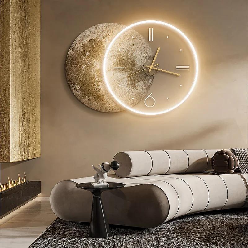 Pintura Decoração Sala de Estar Luz Led Lua Relógio de Parede Decoração de Casa Cenário Relógio Silencioso Presentes Decorativos para Quarto