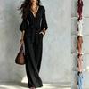 2026 French Style Deep V-Neck Puff Sleeve Jumpsuit Women High-Waisted Wide Leg Pants Slimming Belted Fit