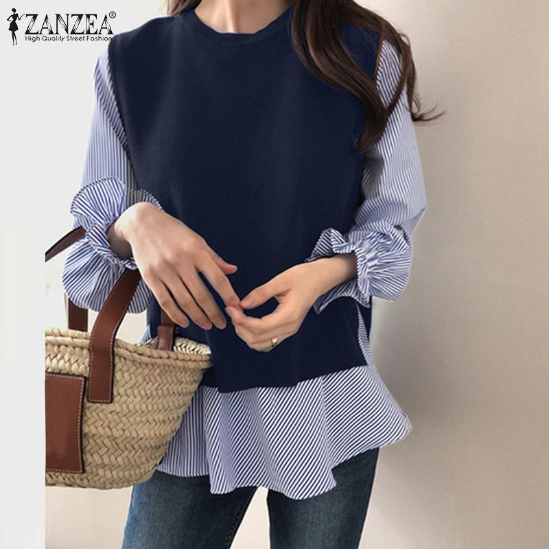 

ZANZEA Женская повседневная блузка из двух частей в полоску с длинным рукавом и круглым вырезом