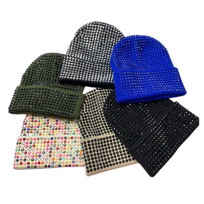 Unisex Winter Hat Folded Brim Bonnet Solid Color Rhinestone Elastic Keep Warm Cap Adult Cold Weather Headwear for Outdoor And Daily