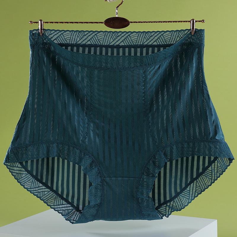 

Plus Size Female Spring and Summer Striped Ice Silk Pure Cotton Crotch Antibacterial High Waist Belly Lift Hip Shape Briefs 3XL peacock синього кольору