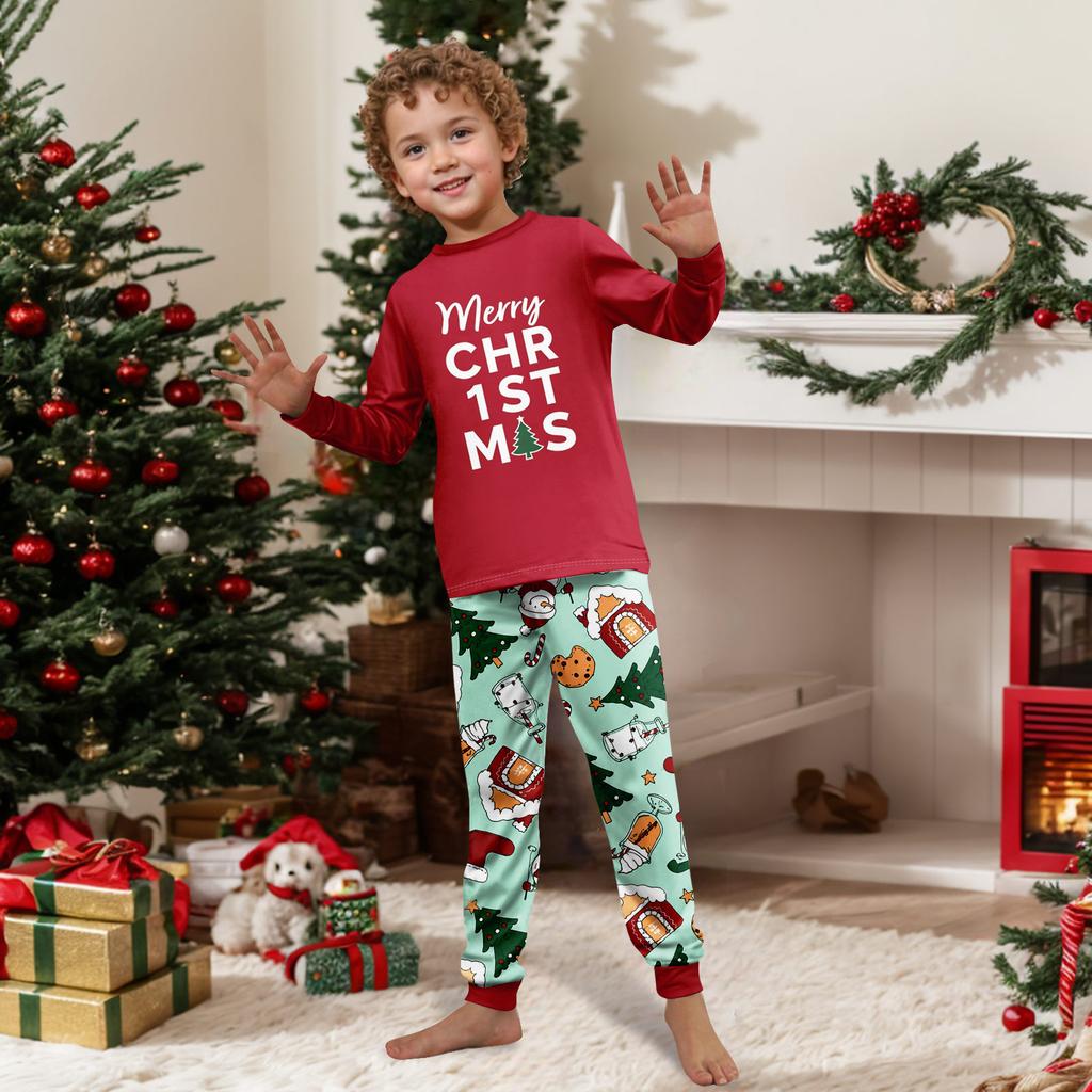Family Matching Pajama Set with Fun Print, Long Sleeve Neck Sleepwear with Pants for Kids and Adults